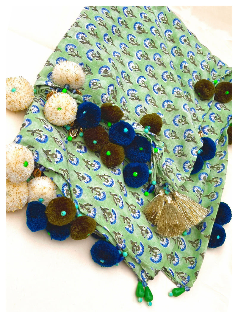 Embellished Cotton Stole - Sea Green Floral