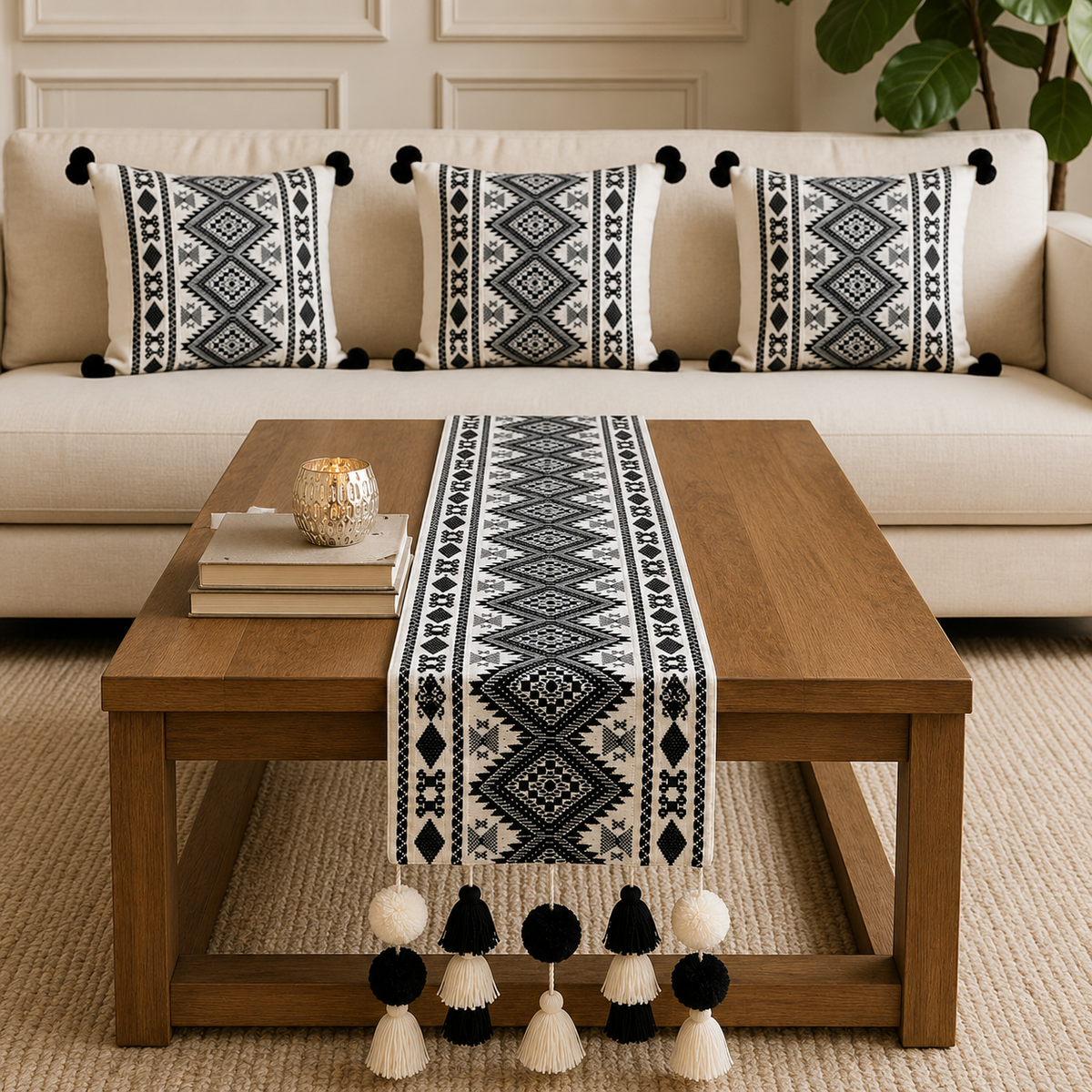 White Aztec coffee table runner with matching Aztec Border cushion covers styled on a neutral sofa and wooden coffee table.