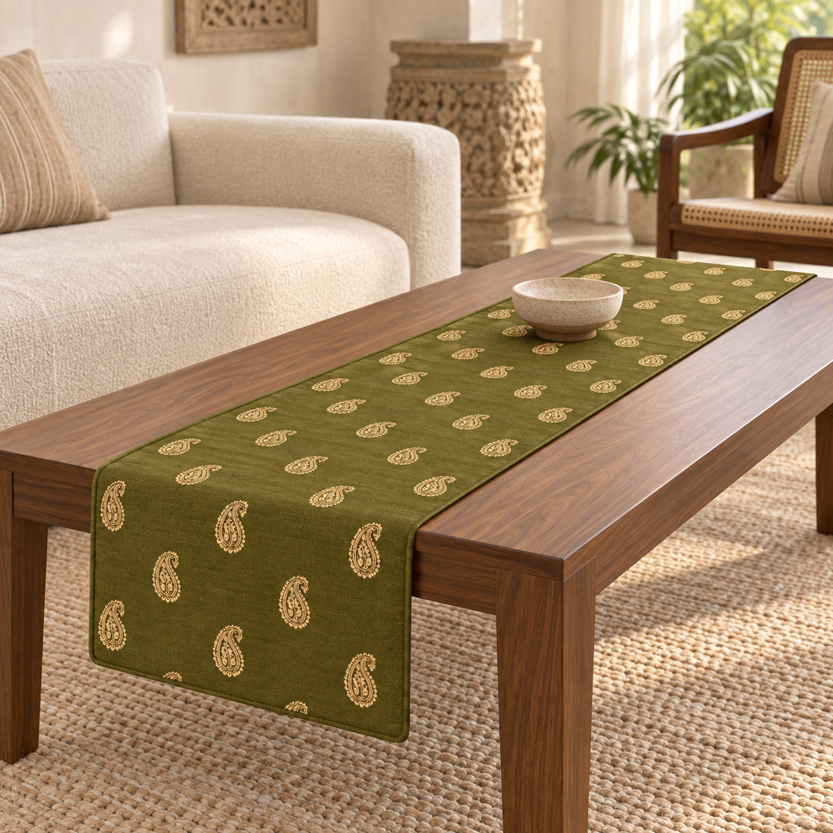 Saz Paisley Coffee Table Runner – Antique Olive