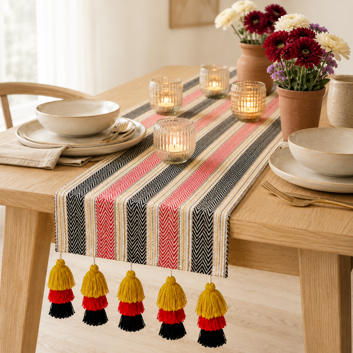 Tasseled Table Runner - Red Mustard