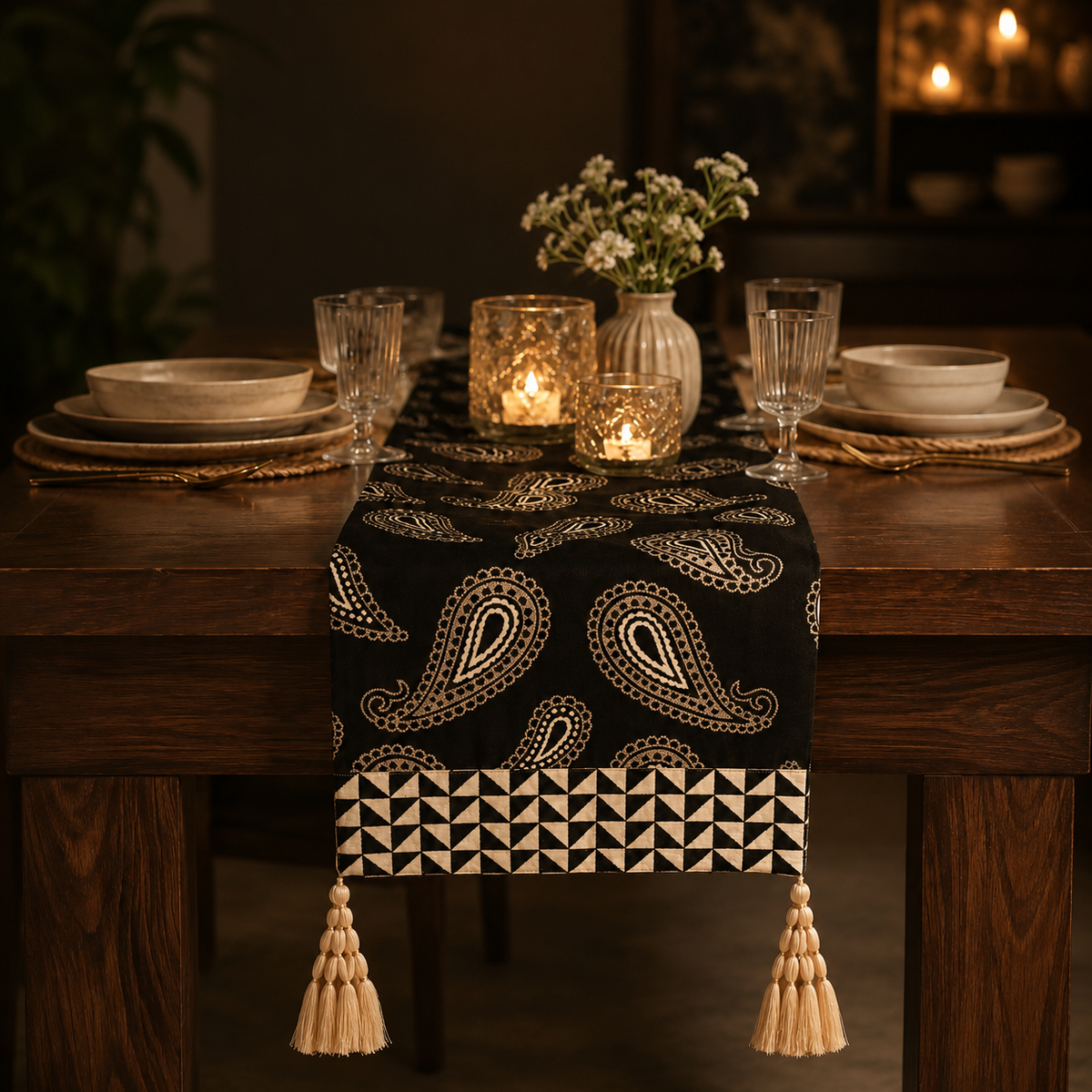 Dancing Paisley Table Runner - Black