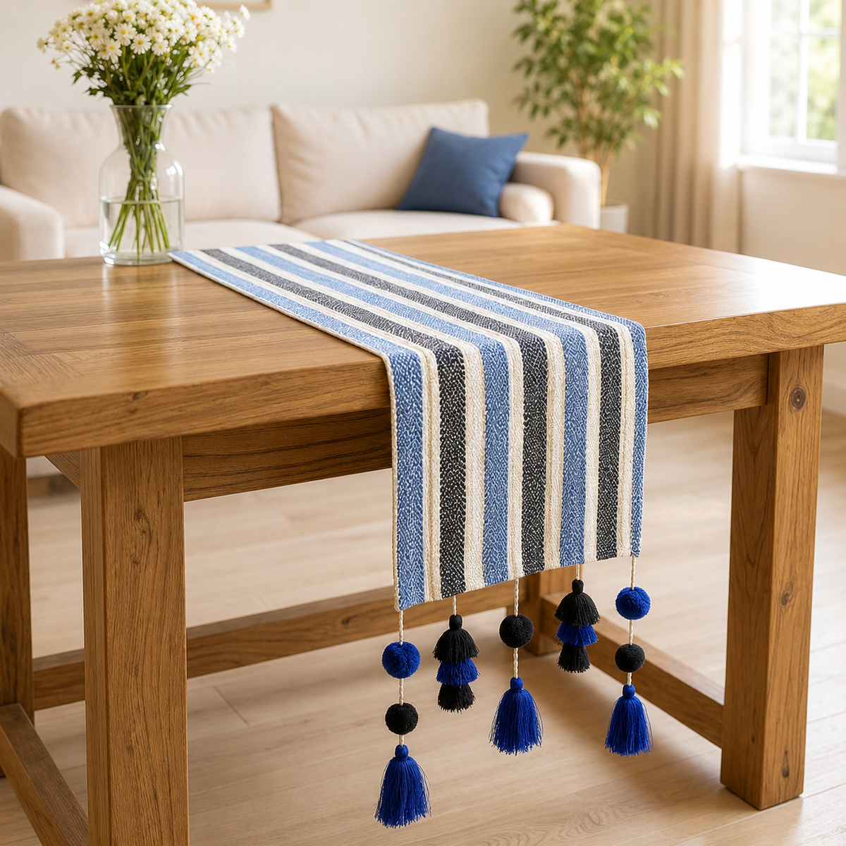 Tasseled Table Runner - Black & Blue