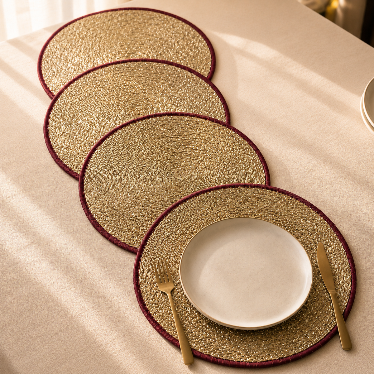 Spelt Shimmer Mats & Scalloped Napkins Set – Maroon