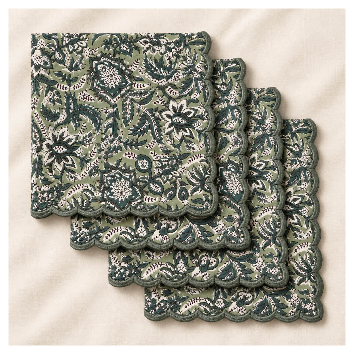 Floral Scalloped Cotton Napkins – Sage