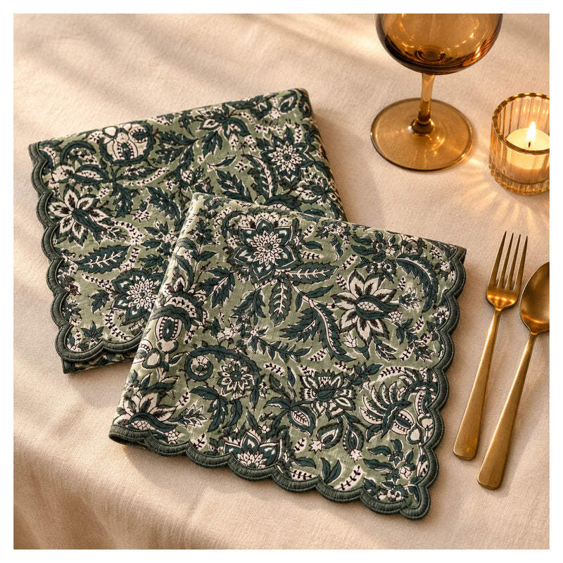 Floral Scalloped Cotton Napkins – Sage