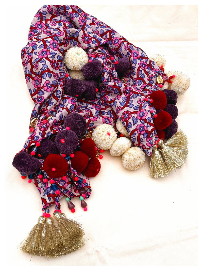 Embellished Cotton Stole - Purple Floral