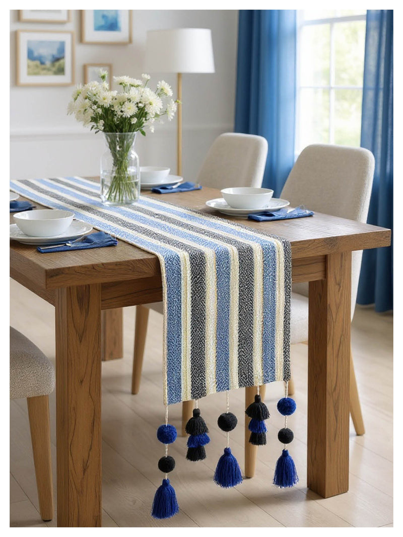 black and blue tasseled decorative table runner