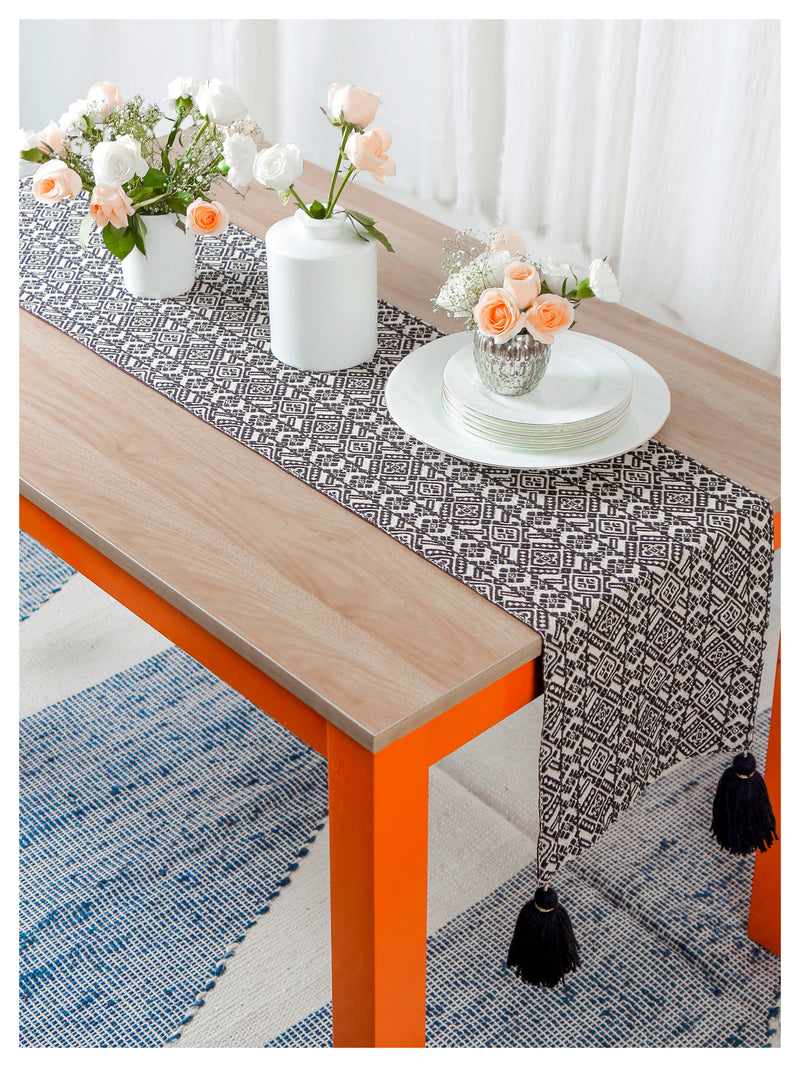 Black & White Table Runner with Tassels