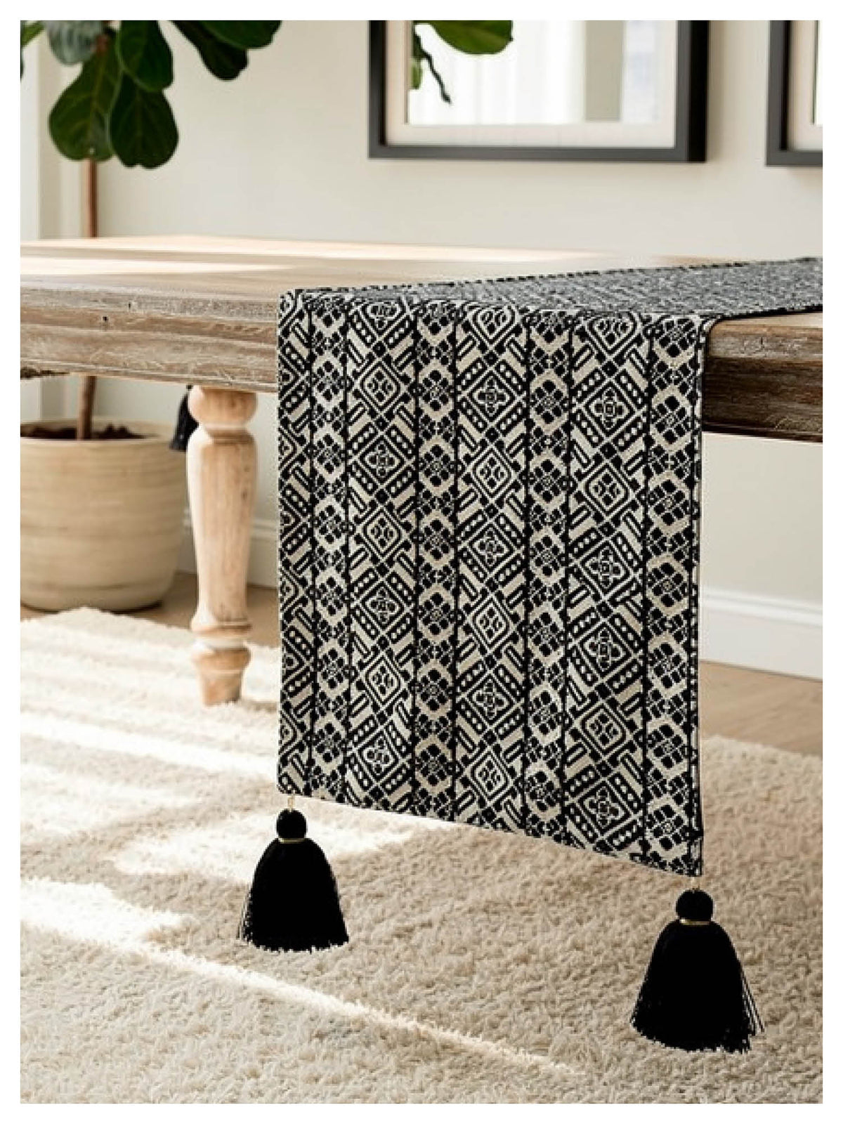 Black & White Table Runner with Tassels