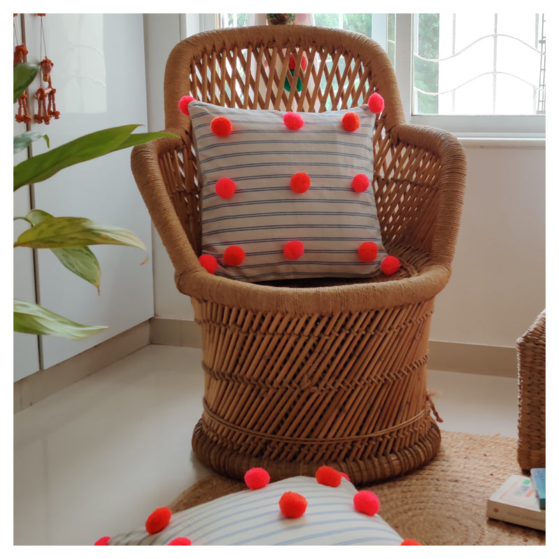 Plush Pompom Cushion - Pink  Orange