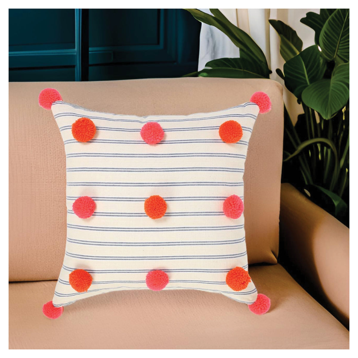 Plush Pompom Cushion - Pink  Orange