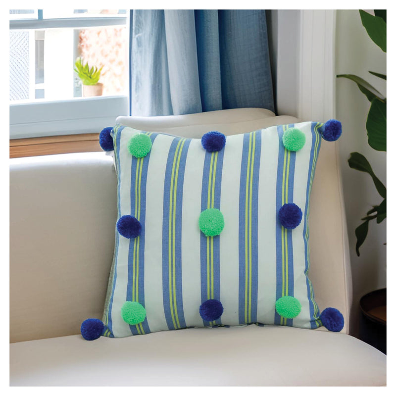 Plush Pompom Cushion - Blue Green