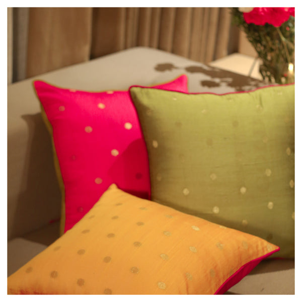 diya decorative cushion covers set of 3 in yellow bright pink and green