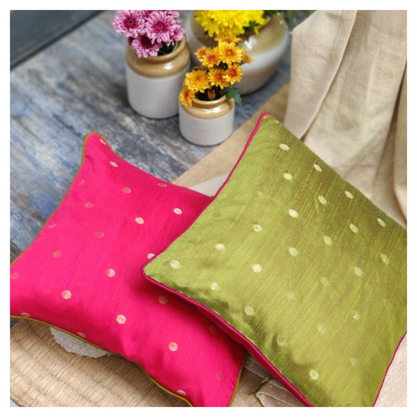 cotton silk cushion cover with woven gold dot detailing and contrast piping