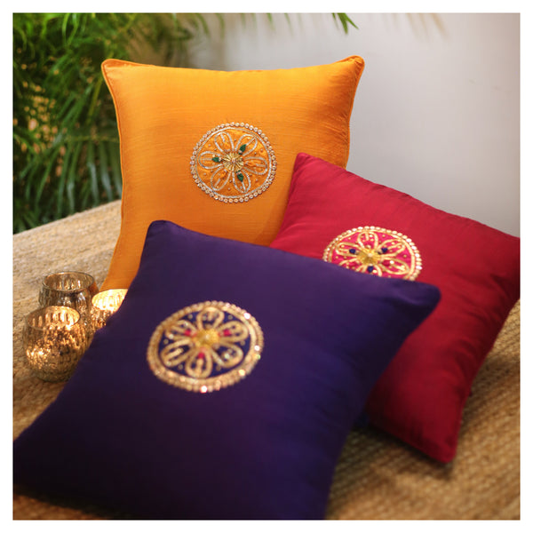 vibrant gota decorative cushion covers set of 3 in rich magenta golden yellow and deep purple.
