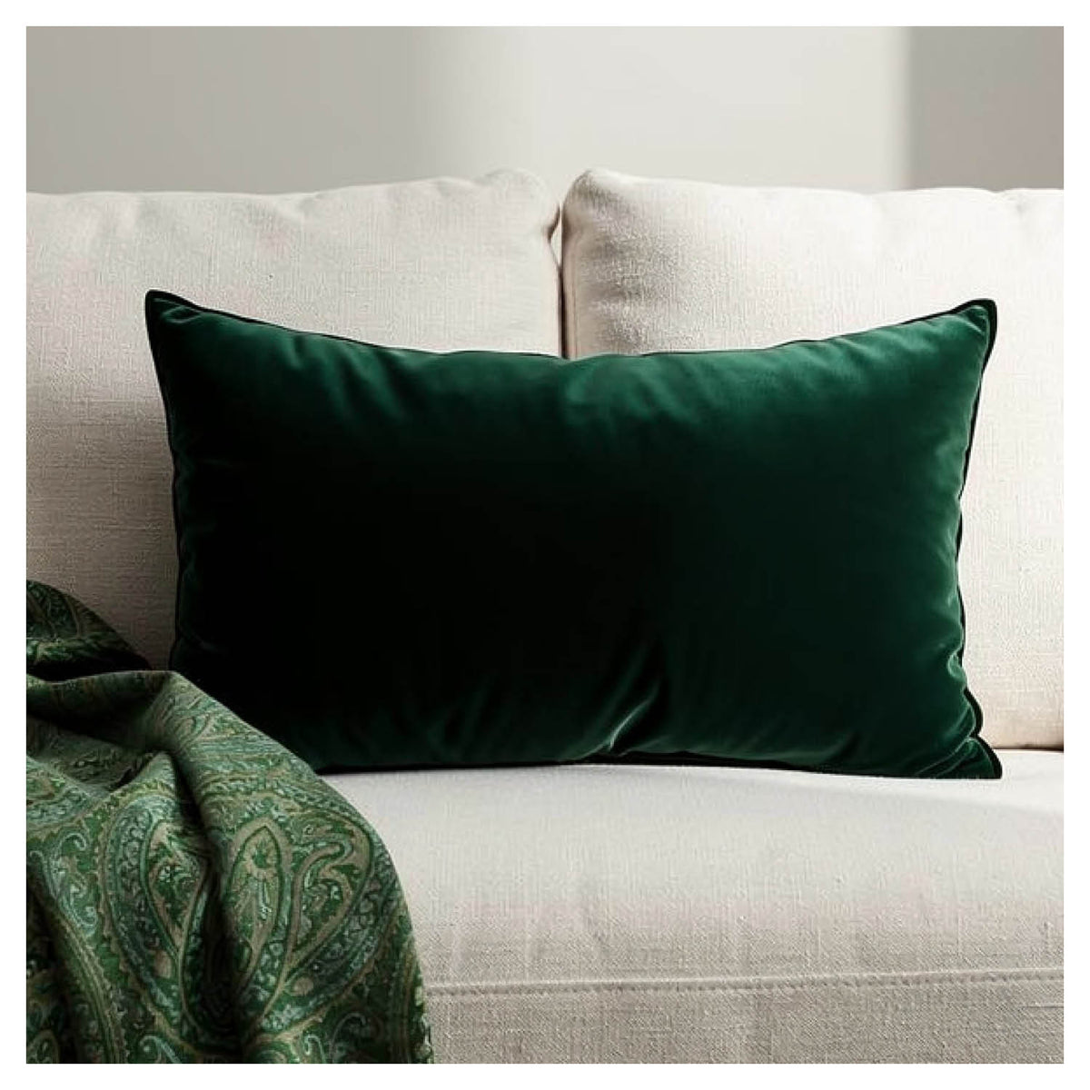 Forest green velvet lumbar pillow styled on a sofa