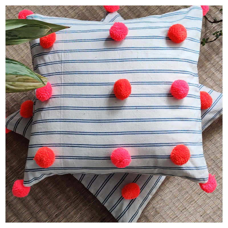 Plush Pompom Cushion - Pink  Orange
