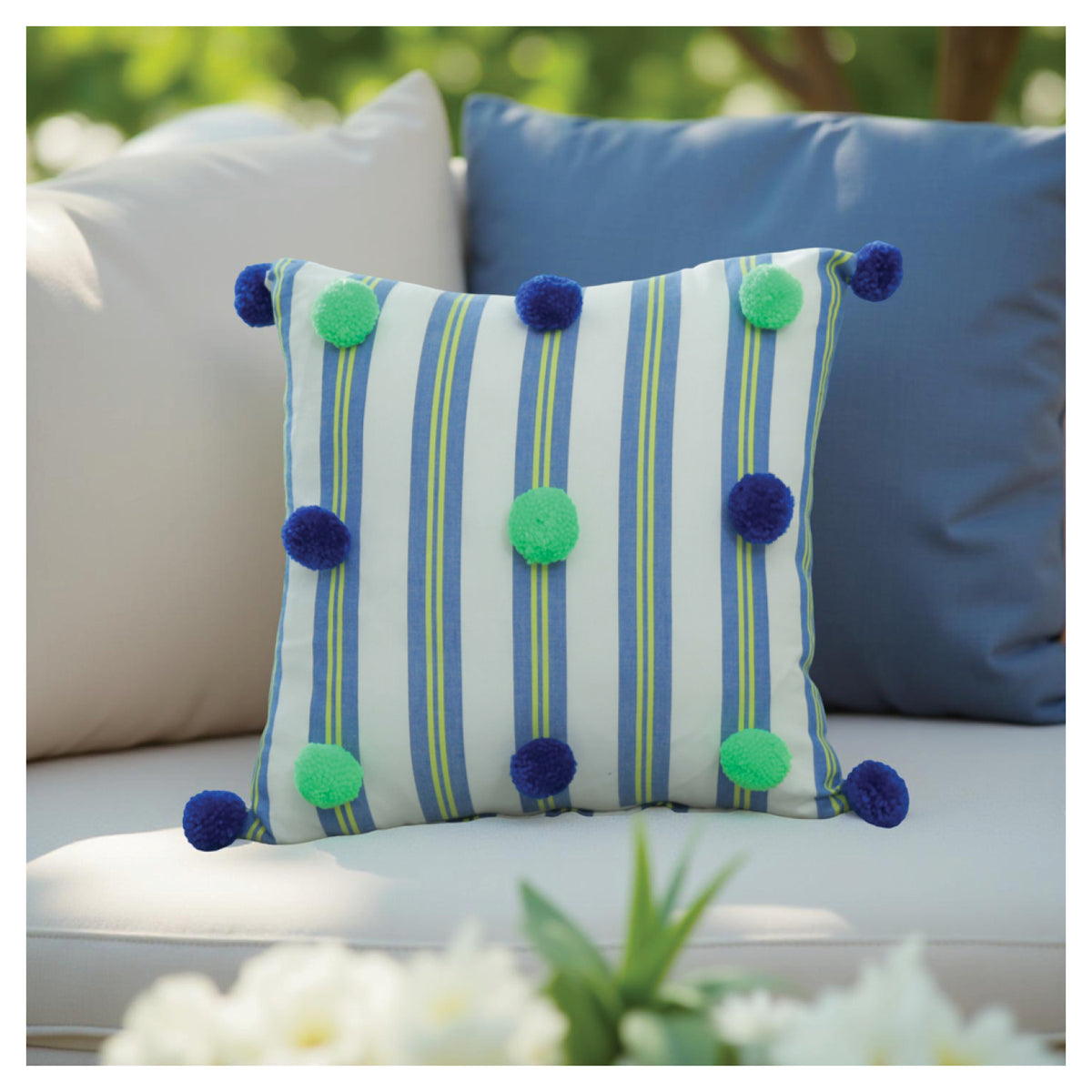 Plush Pompom Cushion - Blue Green