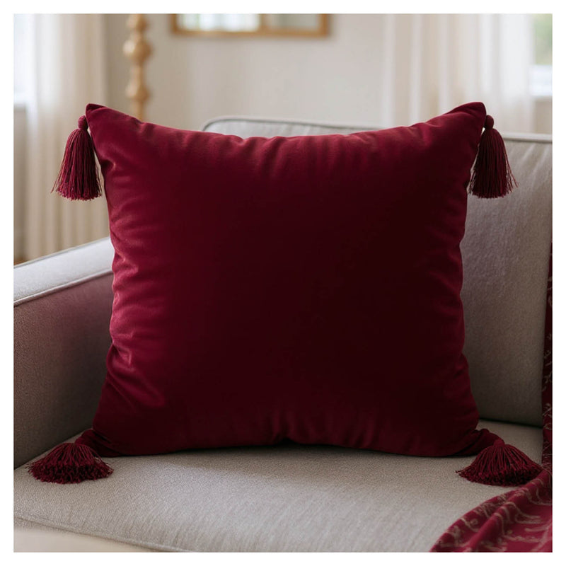 ruby velvet cushions styled on sofa for modern interiors