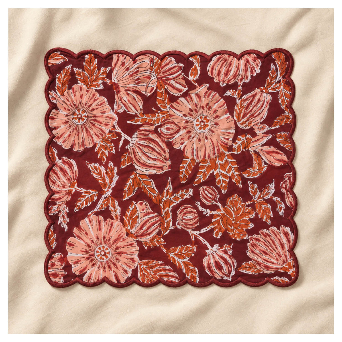 Floral Scalloped Cotton Napkins – Maroon