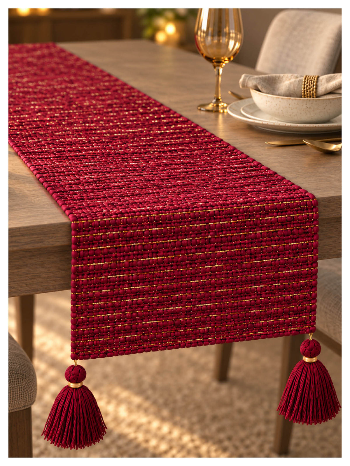 Gold Weave Table Runner – Maroon