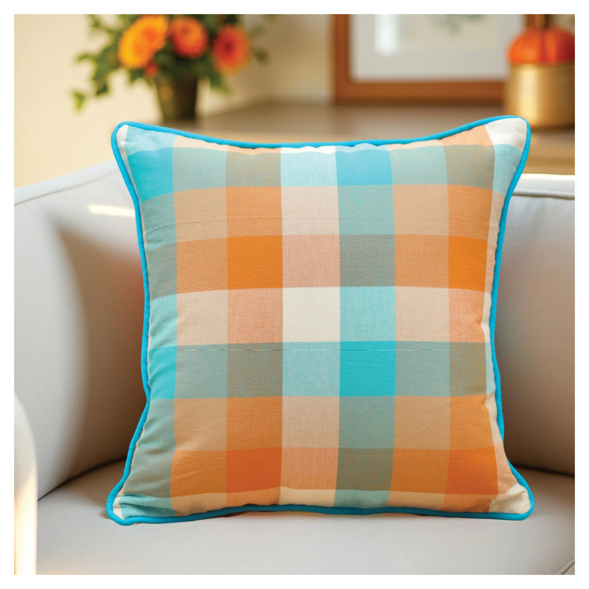 Medium Checkered Autumn Cushion - Harvest Orange - Set of 2