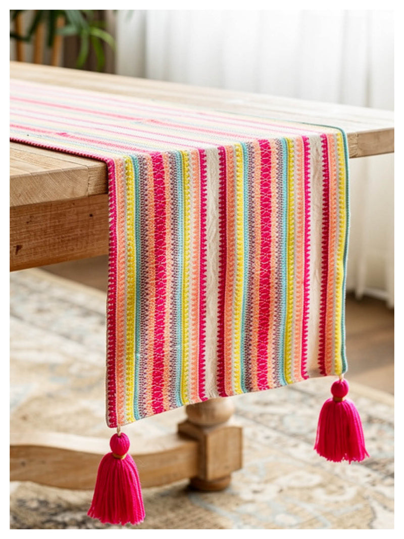 vibrant striped decorative table runner with tassels