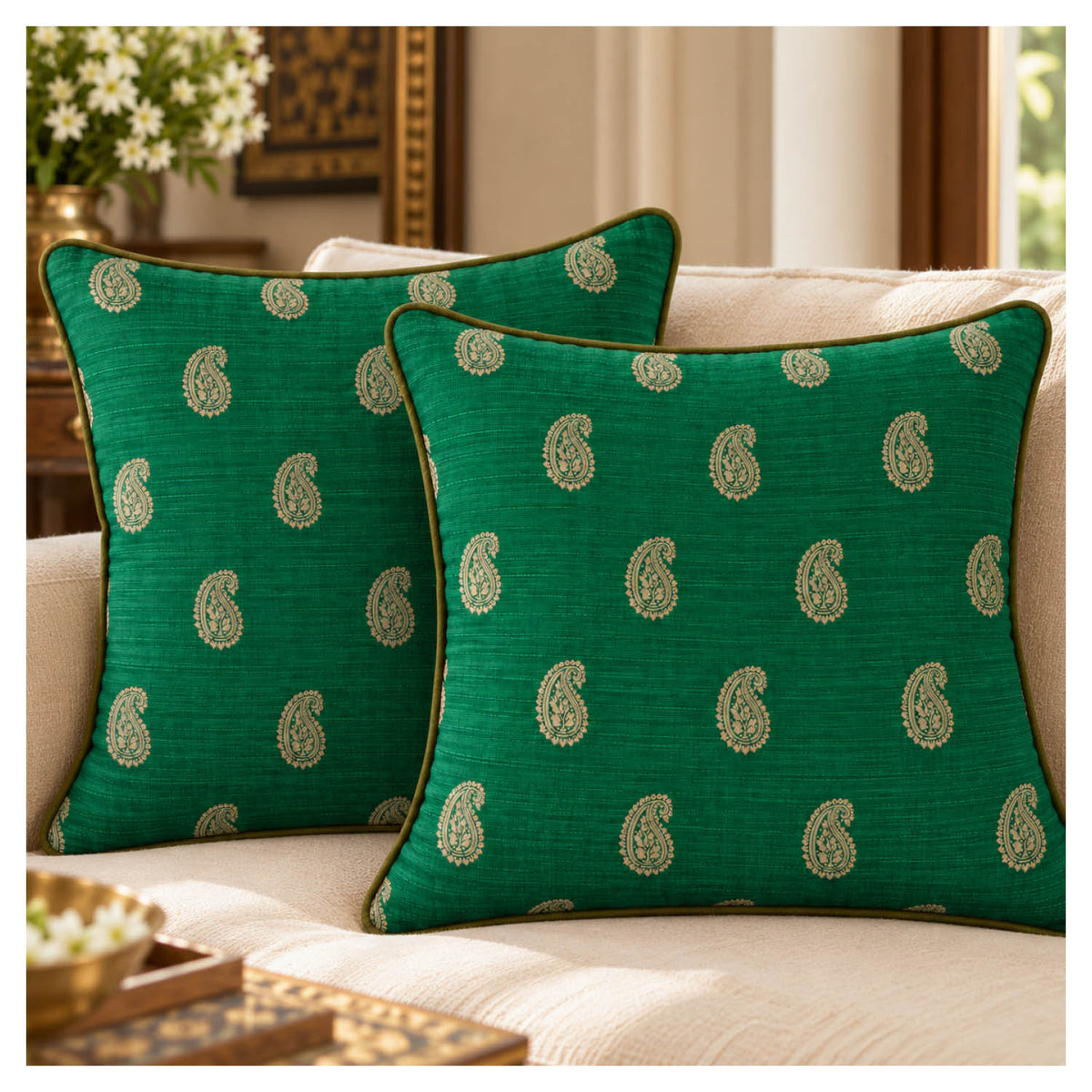 Heritage Paisley Cushion - Emerald Green