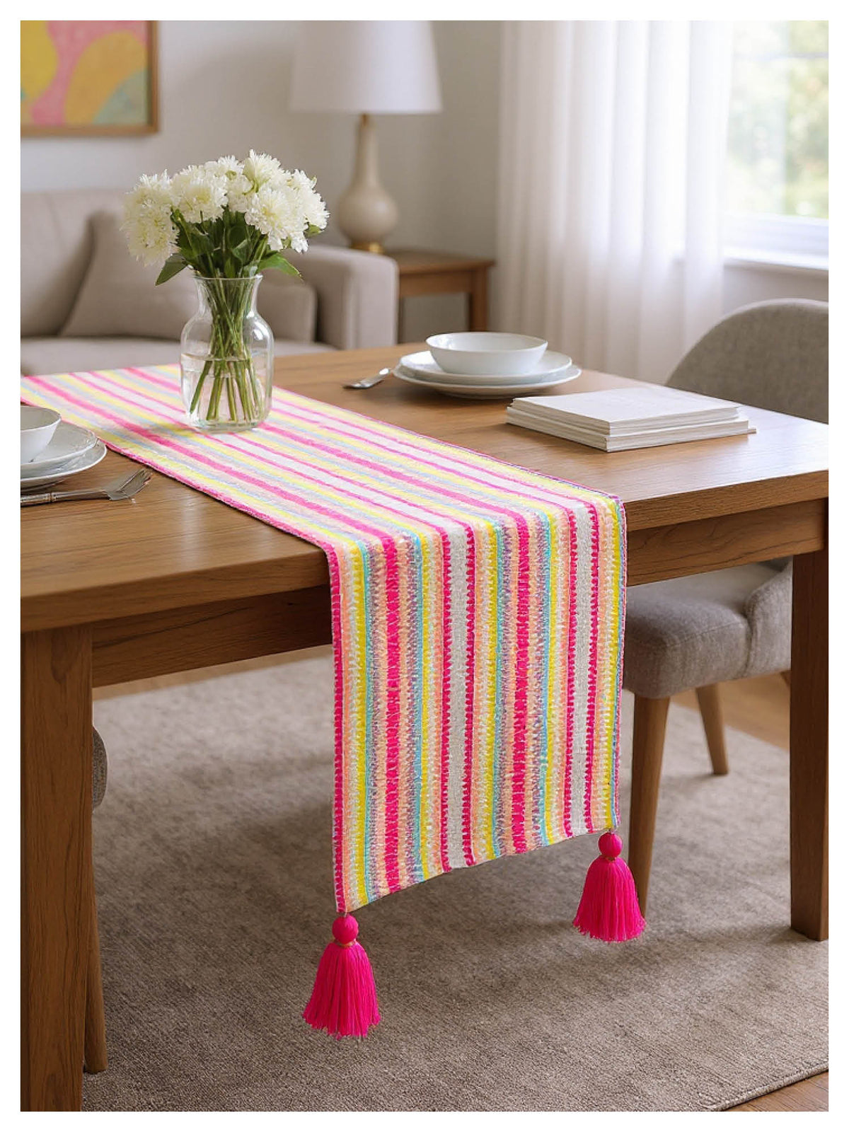 Vibrant Striped Table Runner with Tassels
