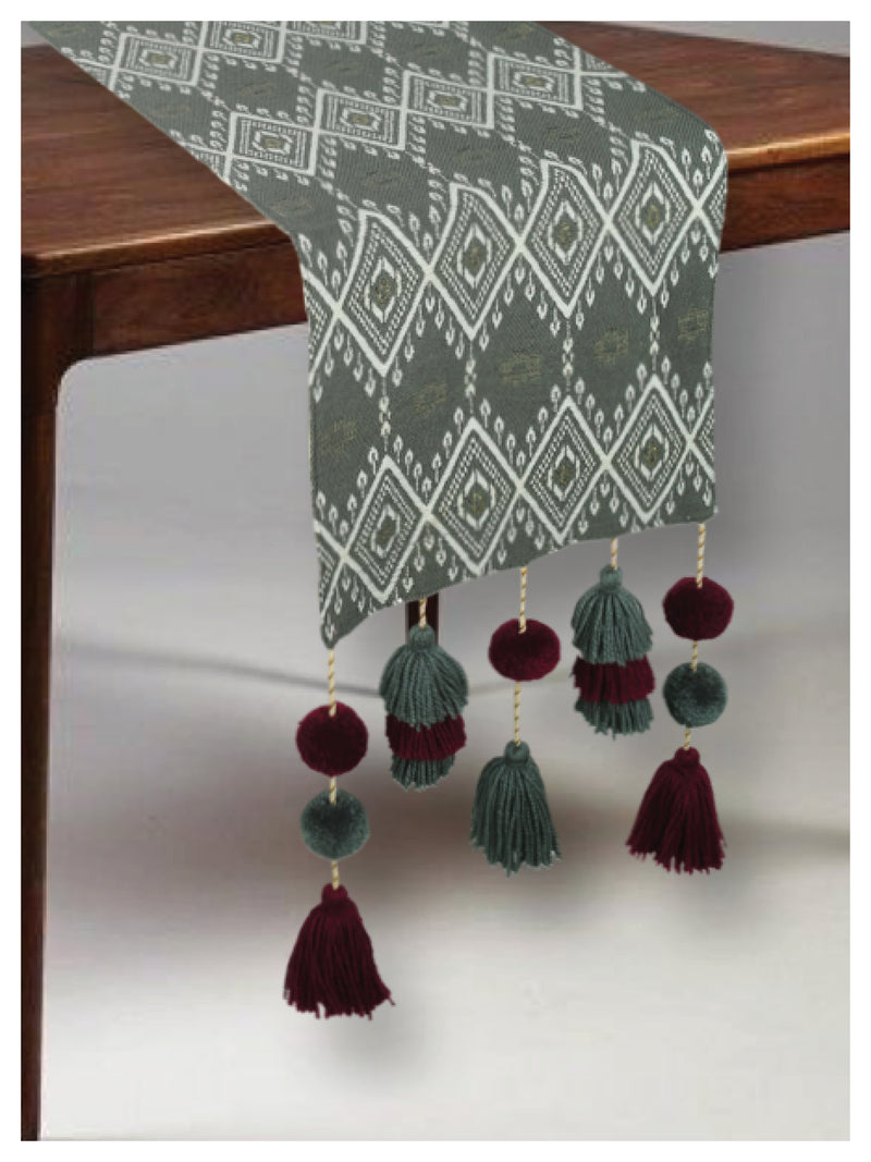 Tasseled Table Runner - Grey Aztec
