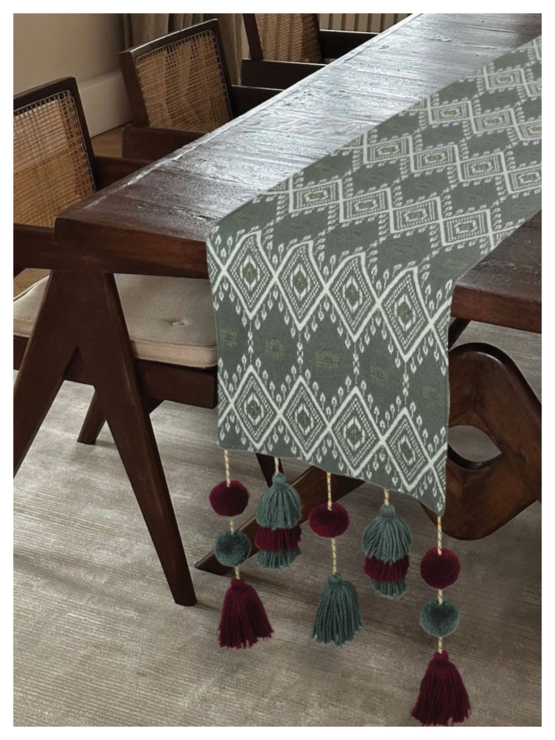 Tasseled Table Runner - Grey Aztec