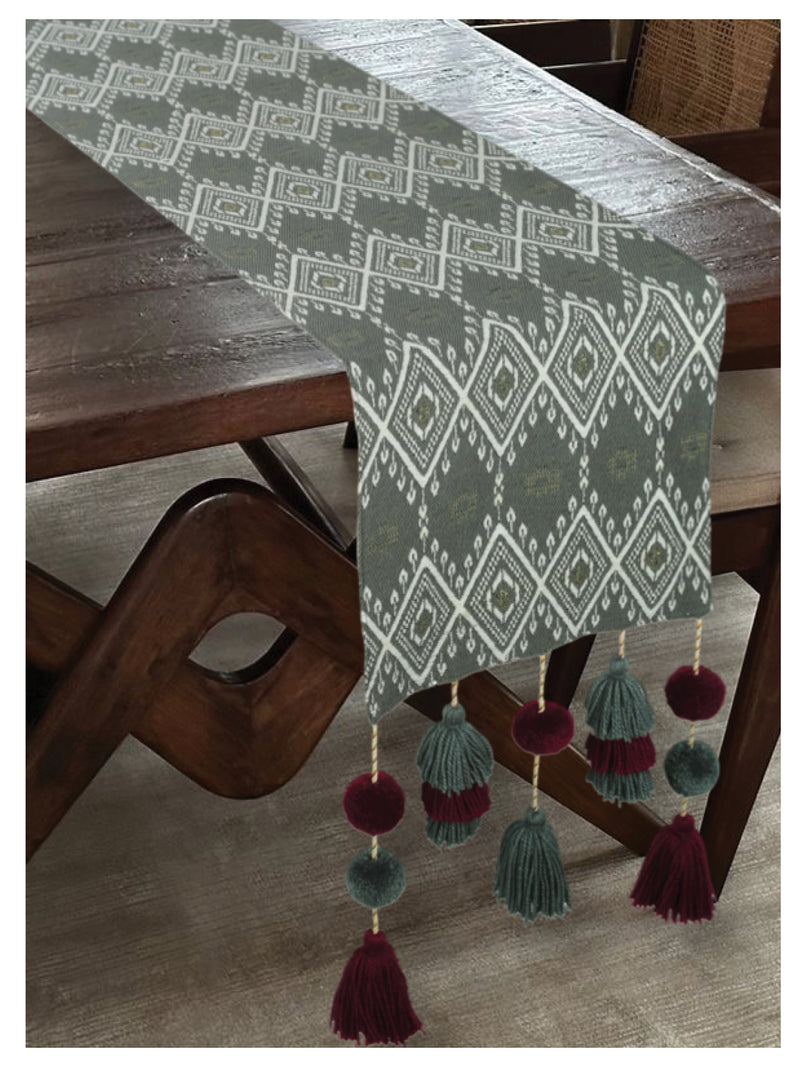 Tasseled Table Runner - Grey Aztec