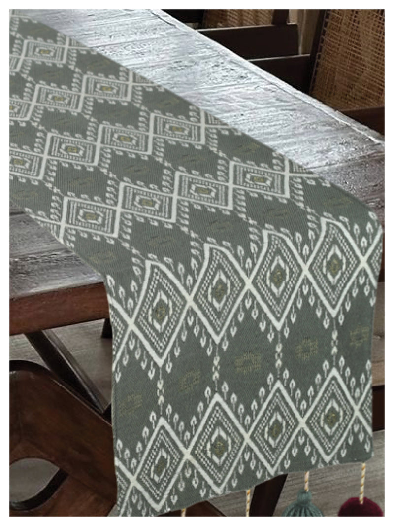Tasseled Table Runner - Grey Aztec