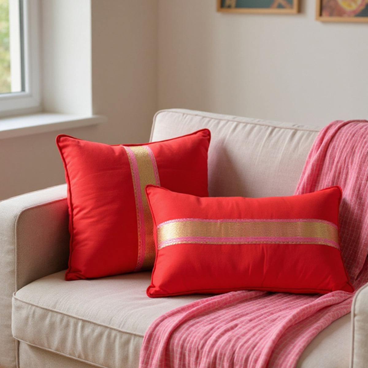 Red cotton silk cushion set with pink-gold sari border including one square and one lumbar pillow styled together