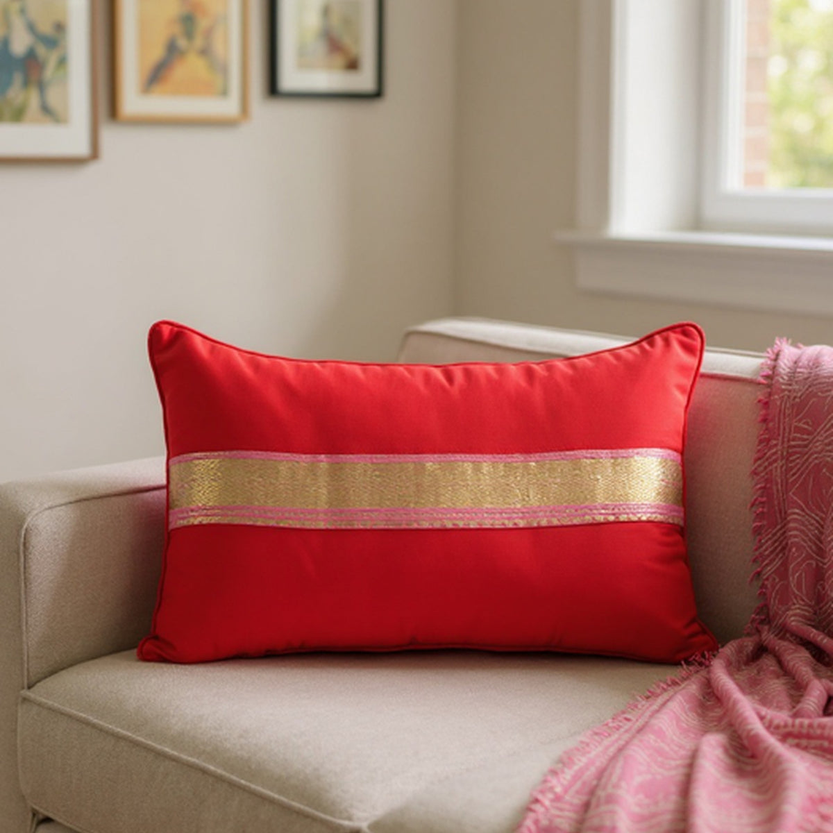 So Sari Cushion Set – Red with Pink-Gold Border (Lumbar & Square)