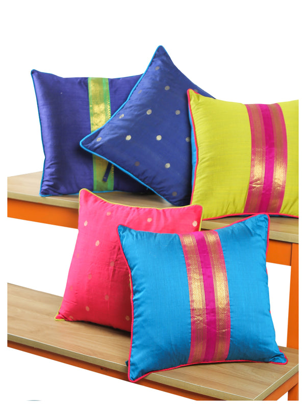 set of 5 cotton silk cushion covers with contrast piping and tie up closures