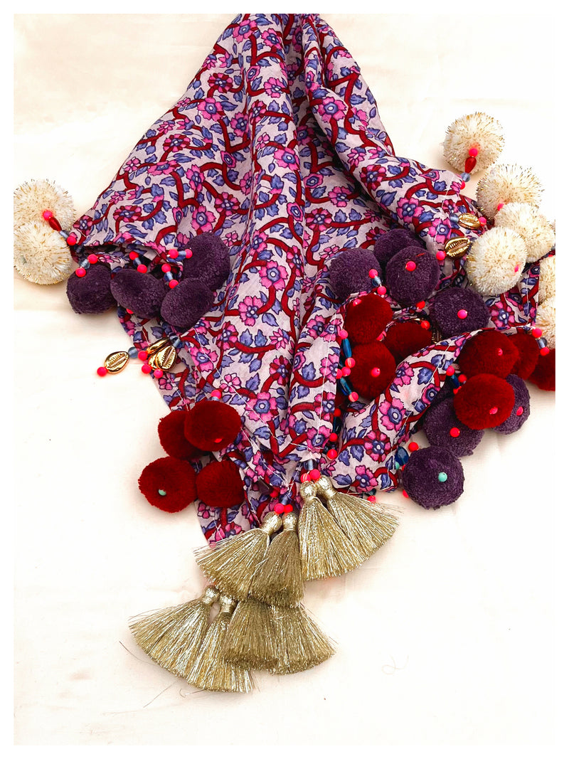 Embellished Cotton Stole - Purple Floral