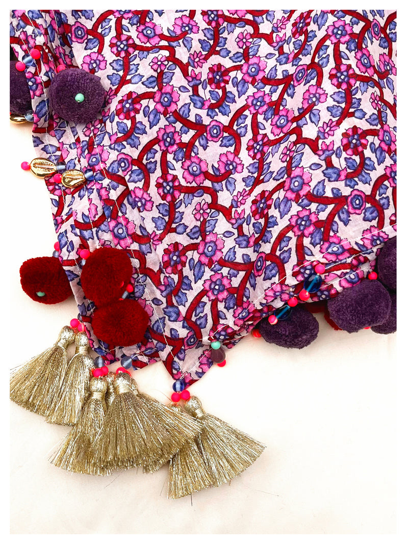 Embellished Cotton Stole - Purple Floral