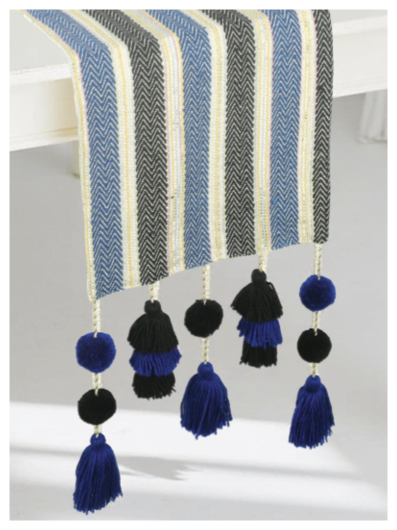 Tasseled Table Runner - Black & Blue