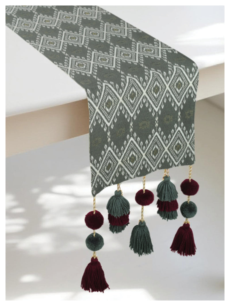 Tasseled Table Runner - Grey Aztec