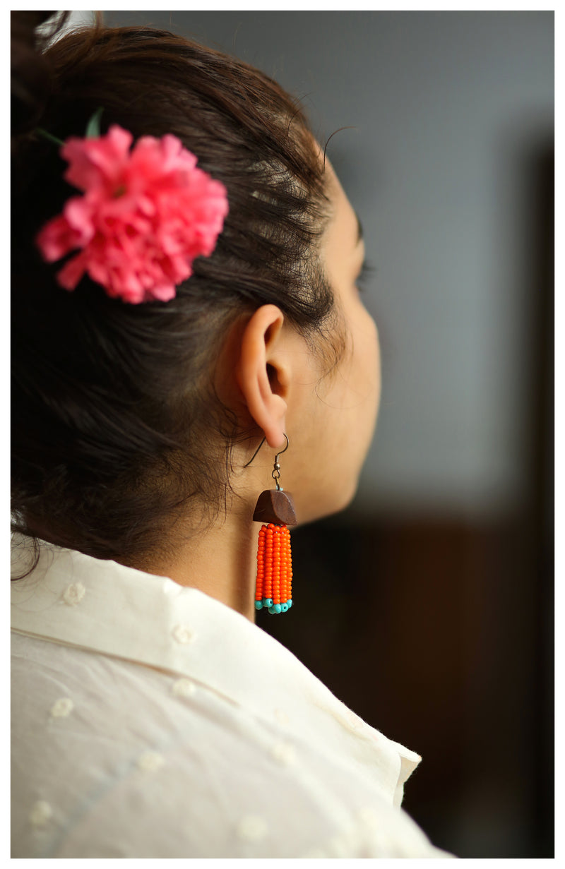 Beaded Tassel Earrings - Orange