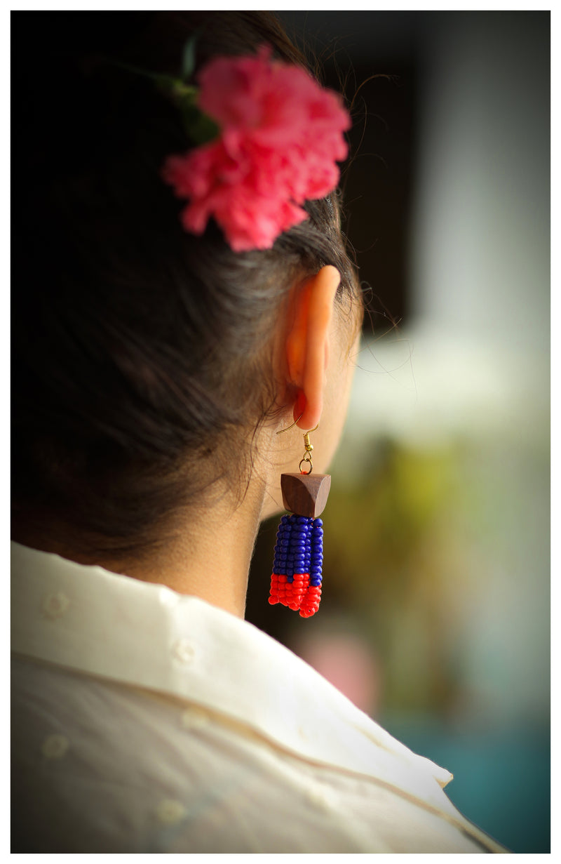 Beaded Tassel Earrings - Blue