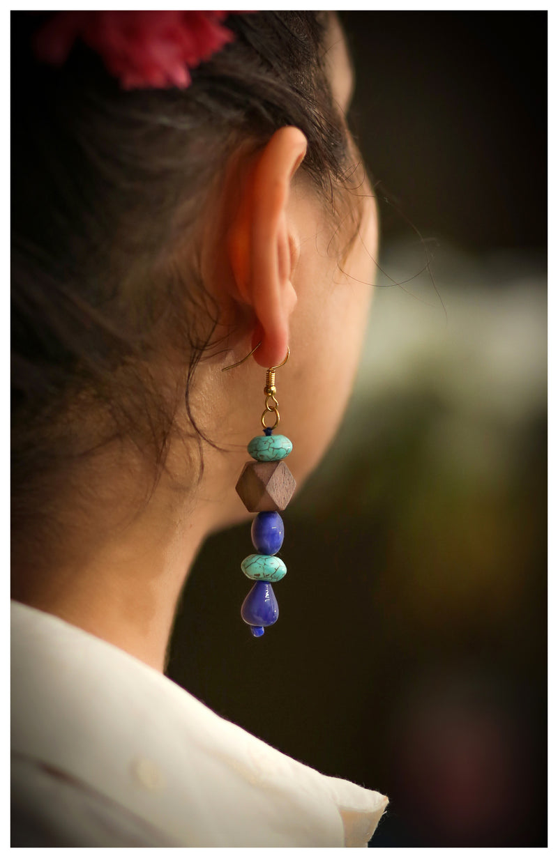 Wood Bead Drop Earrings - Blue