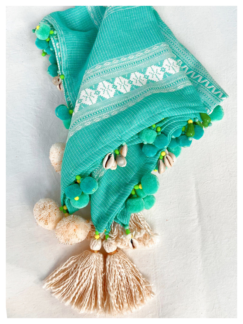 Embellished Cotton Stole - Turquoise