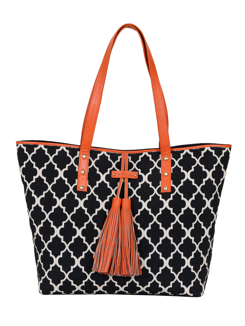 TARIFA Tassel Tote - Black & Orange