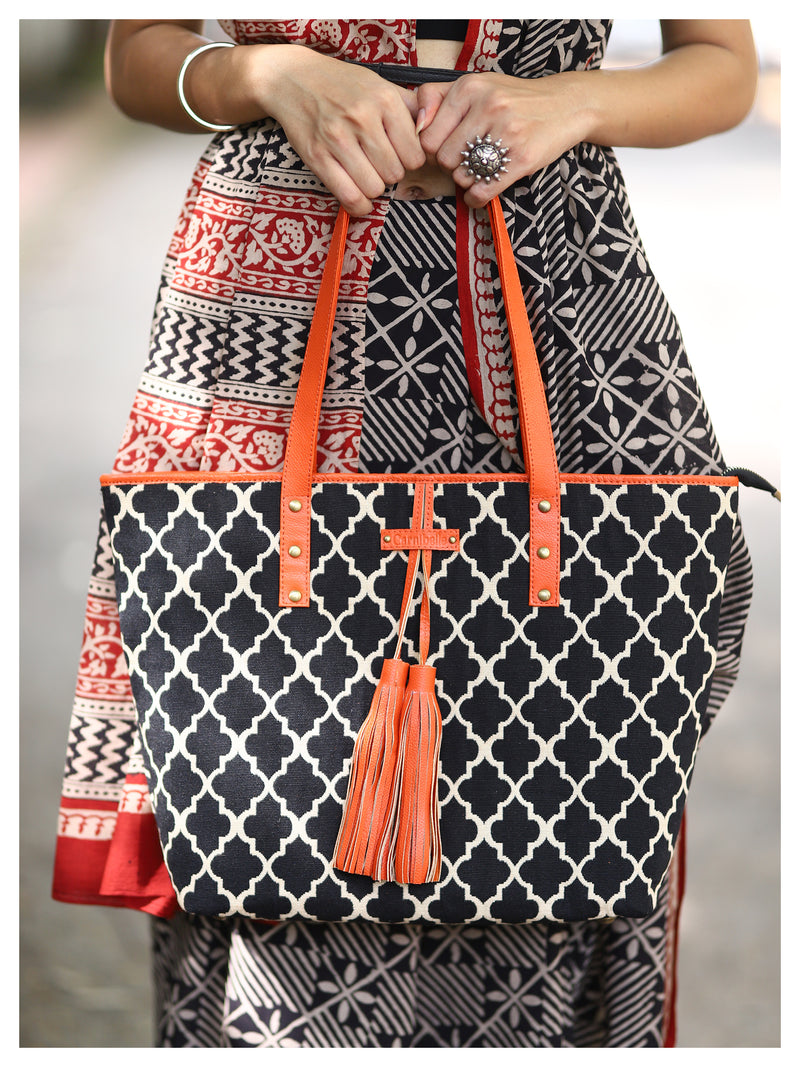 TARIFA Tassel Tote - Black & Orange