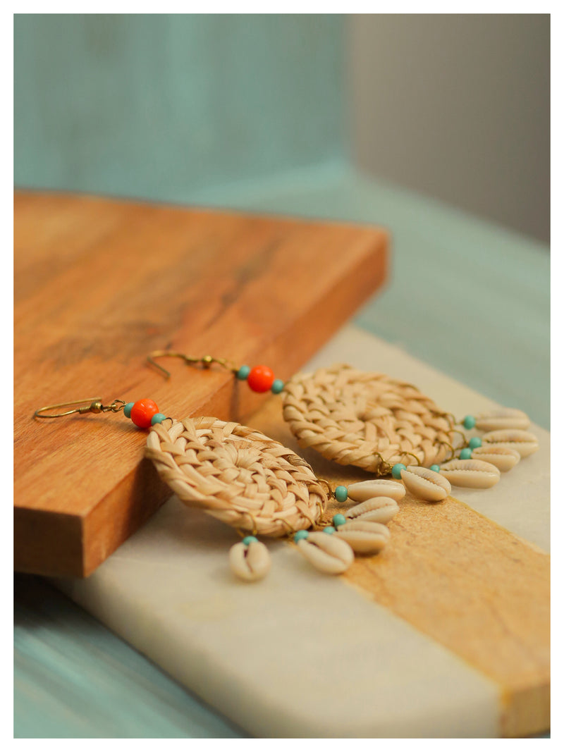 Cowrie Shell Earrings - Orange & Turquoise