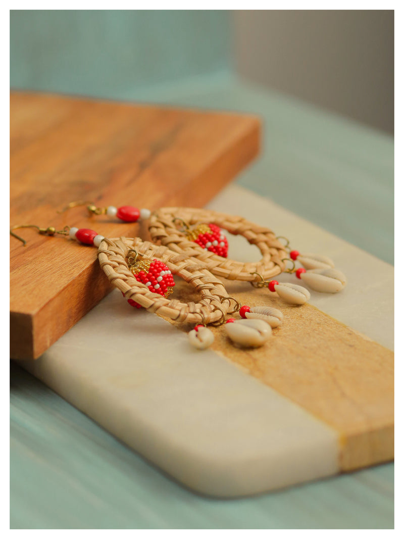 Cowrie Shell Earrings - Red beaded