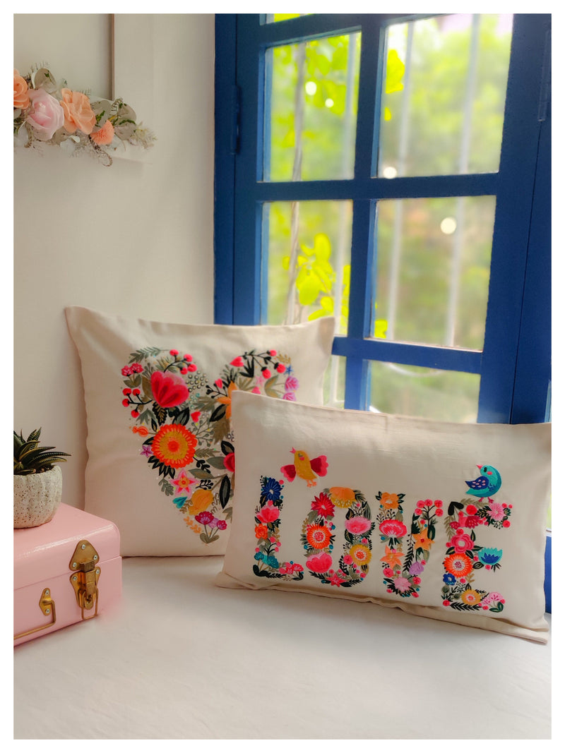 Floral Embroidery Heart Cushion