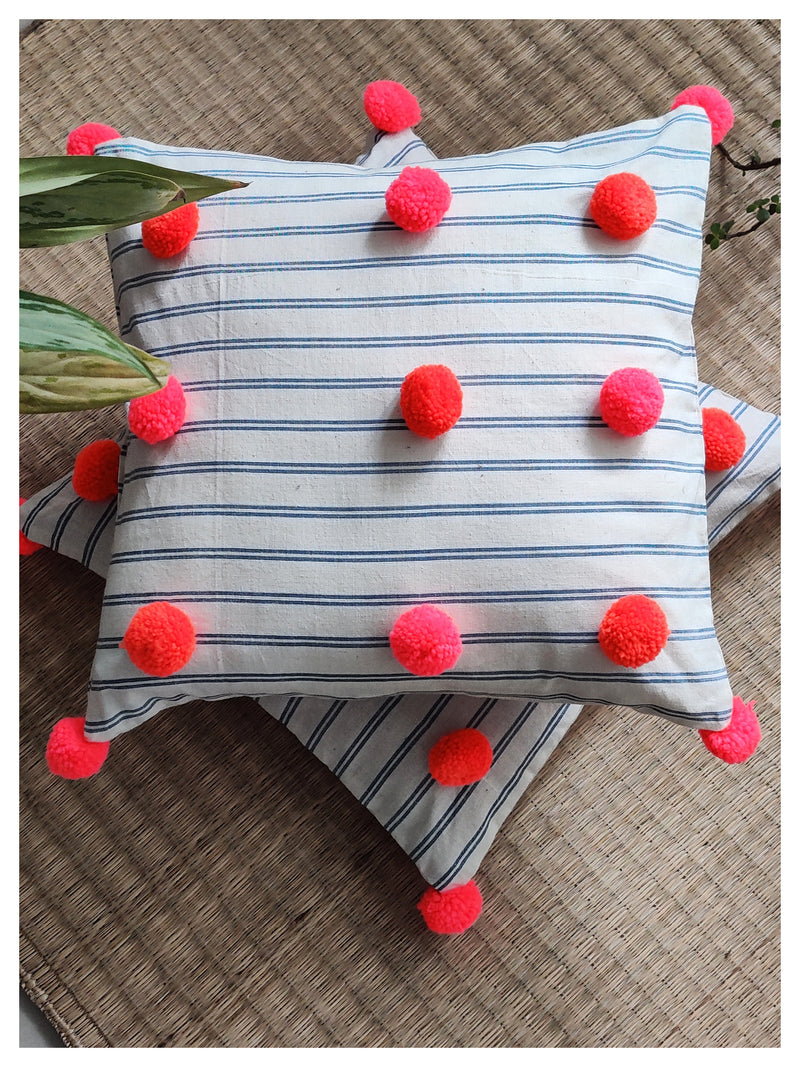 Plush Pompom Cushion - Pink  Orange - Set of 2